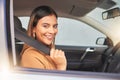 Car, portrait and happy woman with seatbelt check for road trip, travel or journey. Window, face and lady driver with Royalty Free Stock Photo