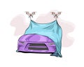 Car presentation by robots of a new model covered with a cloth. Vector illustration.