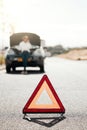 Car problem, stop sign or driver with stress or anxiety late from engine crisis on road or street. Blur, phone call or