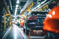 Car production line. Assembling a car on a conveyor belt. Close-up of a car body. Automotive industry Interior of a high-tech