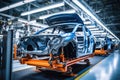 Car production line. Assembling a car on a conveyor belt. Close-up of a car body. Automotive industry Interior of a high-tech