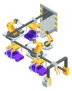 Car production line. Automatic factory isometric manufacture