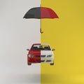 Car protected with red umbrella, automobile safety icon isolated.