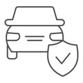 Car protection emblem thin line icon. Vehicle with shield, safe driving symbol, outline style pictogram on white