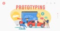 Car Prototyping Landing Page Template. Engineer Designer Characters Perform Automobile Prototype Project