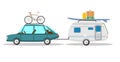 Car pulling camping trailer on white background. Side view of fifth wheel camper and truck. Camping caravan set