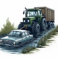 A car pulls a tractor out of the water. Royalty Free Stock Photo