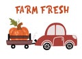 Pumpkin truck. Thanksgiving Greeting Card. Vintage Harvest Truck is a red car with pumpkins. Royalty Free Stock Photo