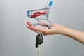 Car purchase concept. Red toy car and car keys in metal shopping cart