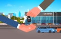 Car Purchase Sale Or Rental Concept, Seller Man Hand Giving Keys To Owner Showroom Center Background Royalty Free Stock Photo