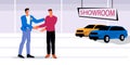 Car purchase scene with seller and buyer handshaking, flat vector illustration.