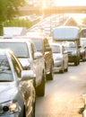 Car queue in the bad traffic road in the very hot weather day