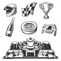 Car race icons set. Helmet, wheel, tire, speedometer, cup, flag, Vector flat illustration on white background.