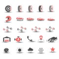Car race icons set. Stopwatch and speedometer, tire, helmet and cup, winning finish, flag and speed competition, vector illustrati Royalty Free Stock Photo