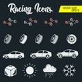 Car race icons set. Stopwatch and speedometer, tire, helmet and cup, winning finish, flag and speed competition, vector illustrati Royalty Free Stock Photo