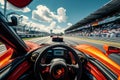 A car races down a track surrounded by a bustling crowd of spectators, A point-of-view perspective from inside the sports car