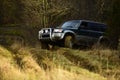 Car racing in autumn forest. Extreme, challenge, and 4x4 vehicle concept. Offroad race on fall nature background. SUV or Royalty Free Stock Photo