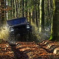 Car racing in autumn forest. SUV or offroad car on path covered with leaves crossing puddle with water splash. Offroad Royalty Free Stock Photo