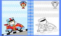 Car racing cartoon with funny racer, coloring book/page