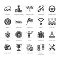 Car racing vector flat glyph icons. Speed auto championship signs - track, automobile, racer, helmet, checkered flags Royalty Free Stock Photo