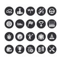 Car racing vector flat glyph icons. Speed auto championship signs - track, automobile, racer, helmet, checkered flags