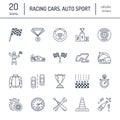 Car racing vector line icons. Speed auto championship signs - track, automobile, racer, helmet, checkers flags, steering