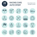 Car racing vector line icons. Speed auto championship signs - track, automobile, racer, helmet, checkers flags, steering