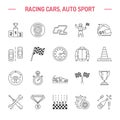 Car racing vector line icons. Speed auto championship signs - track, automobile, racer, helmet, checkers flags, steering