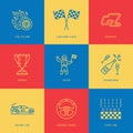 Car racing vector line icons. Speed auto championship signs - track, automobile, racer, helmet, checkers flags, steering