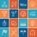 Car racing vector line icons. Speed auto championship track, automobile, racer, helmet, checkers flags, steering wheel