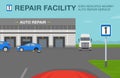 Car is reaching the auto repair service area. Repair facility traffic or road sign meaning.