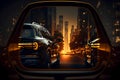 Car rear mirror with view of a modern big city and cars at sunset, generative ai illustration Royalty Free Stock Photo