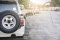 Car rear view of the car with tire on rear car on street blurred background.For automotive automobile or transport transportation Royalty Free Stock Photo