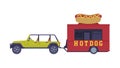 Car with Red Food Truck as Equipped Motorized Vehicle for Cooking and Selling Street Food Vector Illustration