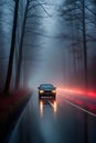 A car with red lights is driving down a foggy road at night.