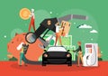 Car refueling at petroleum station. Fuel petrol gas filling station, gasoline pump hose, people, vector illustration. Royalty Free Stock Photo