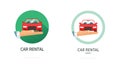 Car rent logo or automobile buy icon flat, auto vehicle rental or hire shop agency dealer, sale or new trade service concept