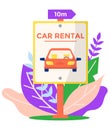 Car rental advertising banner, street urban ads auto placard, sharing transport vehicle flat vector illustration