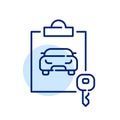 Car rental agreement. Car and key, clipboard. Pixel perfect icon