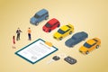 Car rental business concept with various cars model and paper contract with team people with modern isometric style - vector Royalty Free Stock Photo