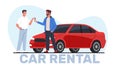 Car rental concept, salon manager gives keys car to client. Automobile sharing service. Rent auto agency. City transport