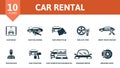 Car Rental icon set. Monochrome simple Car Rental icon collection. Car Wash, Car Polishing, Car Wrap Film, Inflate Tire