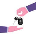 Car rental or sale concept. Hand giving Car key other hand.