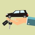 Car rental or sale concept. Hand hold car and car key. Vector il