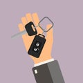 Car rental or sale concept. Hand hold car key. Vector illustration.