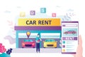 Car rental service. Garage building with modern autos. Handsome salesman or dealer at work Royalty Free Stock Photo