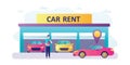 Car rental service. Garage building with modern autos. Handsome salesman or dealer at work. Car sharing or rent. Horizontal banner