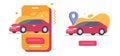 Car rental service mobile app vector graphic illustration flat cartoon, taxi vehicle ride reserve booking, auto transport sharing Royalty Free Stock Photo