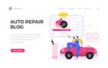 Car repair blog home page banner. Male mechanic character looks through an online lesson changing car tires in