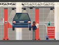 Car repair or diagnostic.Vehicle at lift, elevator Royalty Free Stock Photo